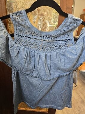 True Craft Light Blue Lace Yoke Off-Shoulder Top
